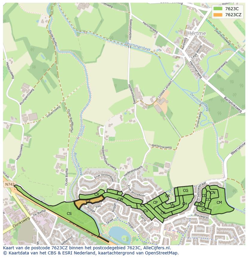 Afbeelding van het postcodegebied 7623 CZ op de kaart.