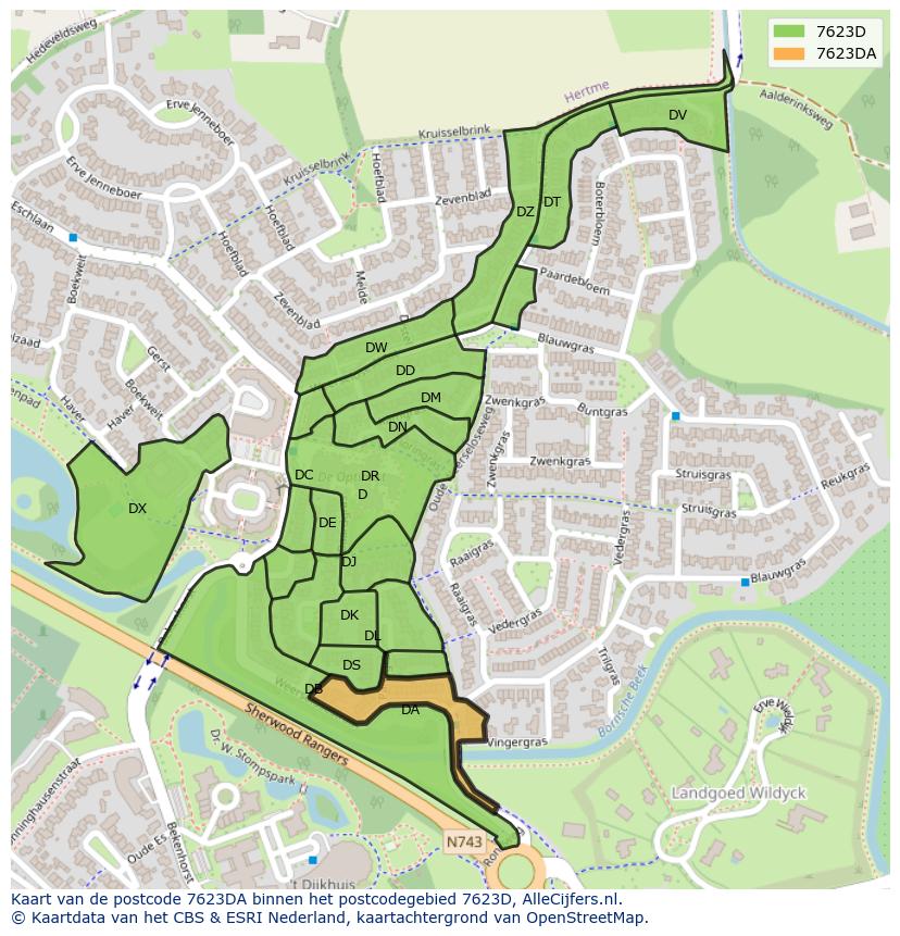 Afbeelding van het postcodegebied 7623 DA op de kaart.