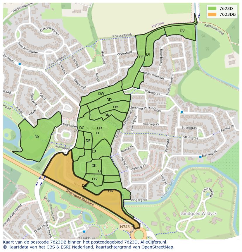 Afbeelding van het postcodegebied 7623 DB op de kaart.