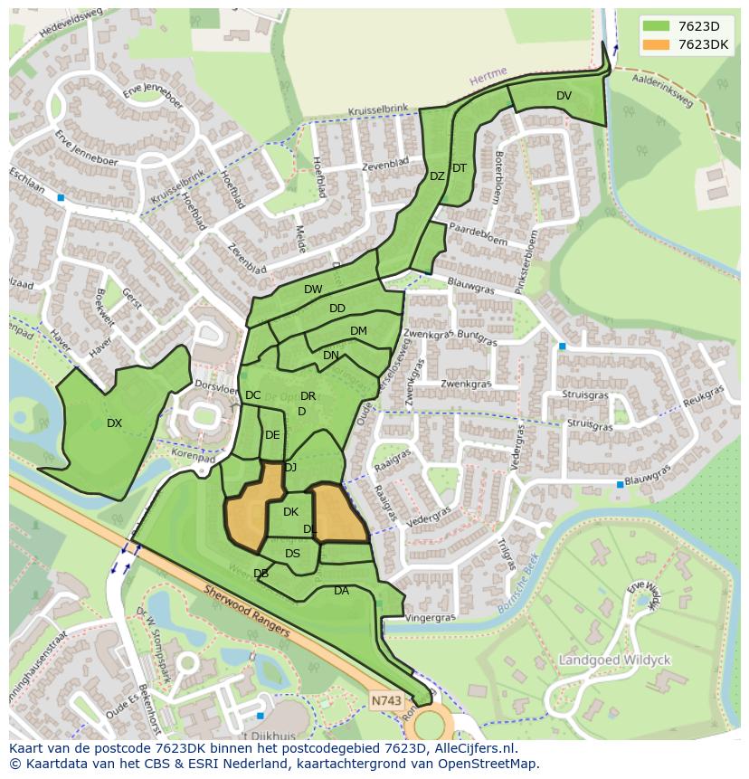 Afbeelding van het postcodegebied 7623 DK op de kaart.
