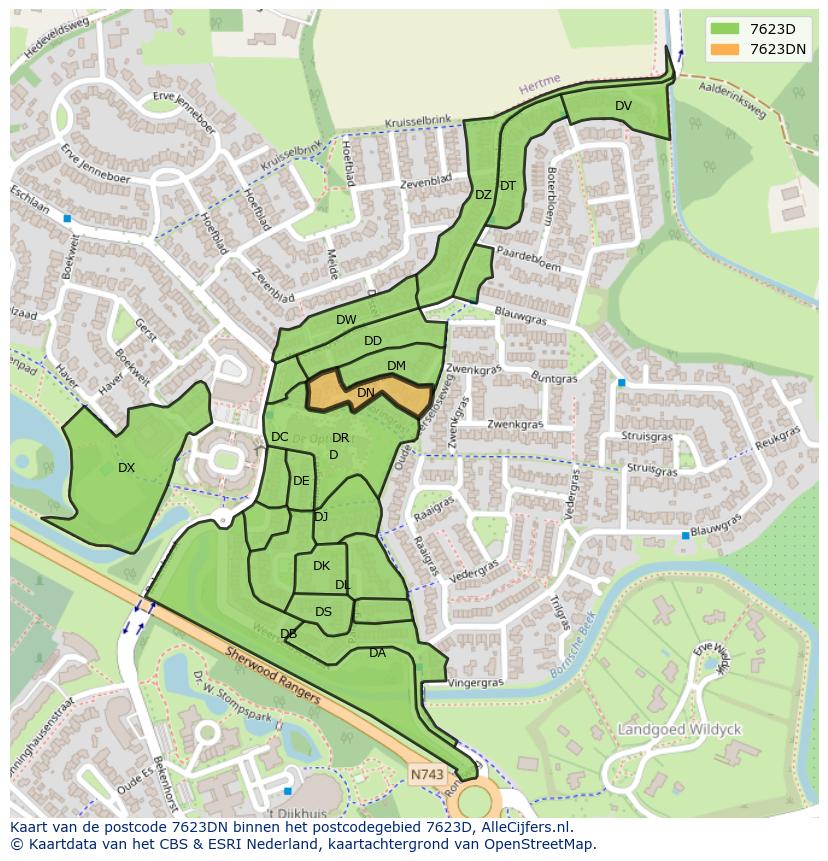 Afbeelding van het postcodegebied 7623 DN op de kaart.