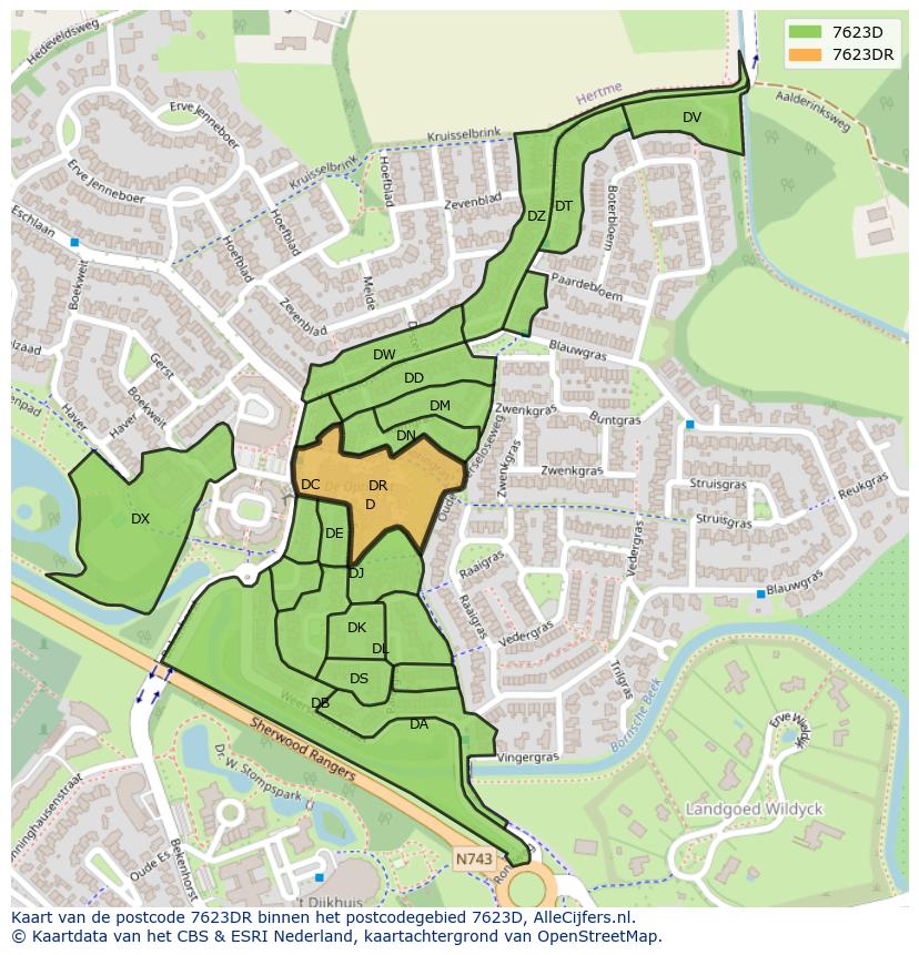 Afbeelding van het postcodegebied 7623 DR op de kaart.