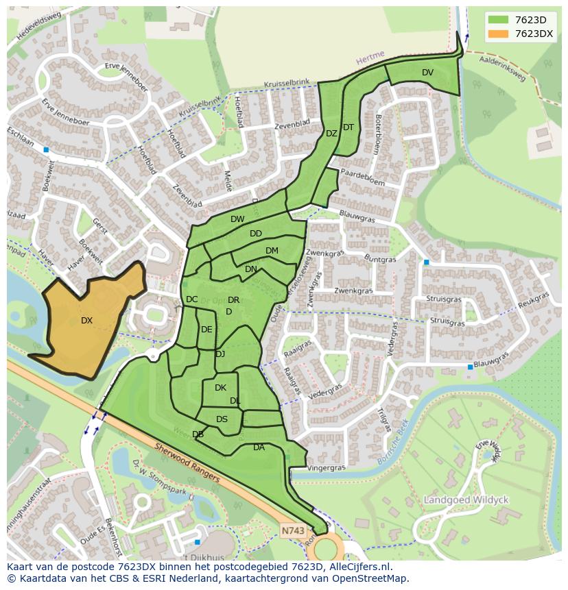 Afbeelding van het postcodegebied 7623 DX op de kaart.