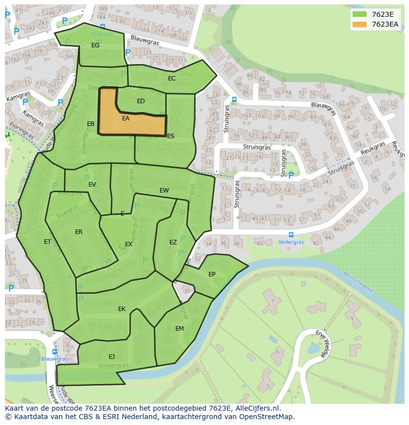 Afbeelding van het postcodegebied 7623 EA op de kaart.