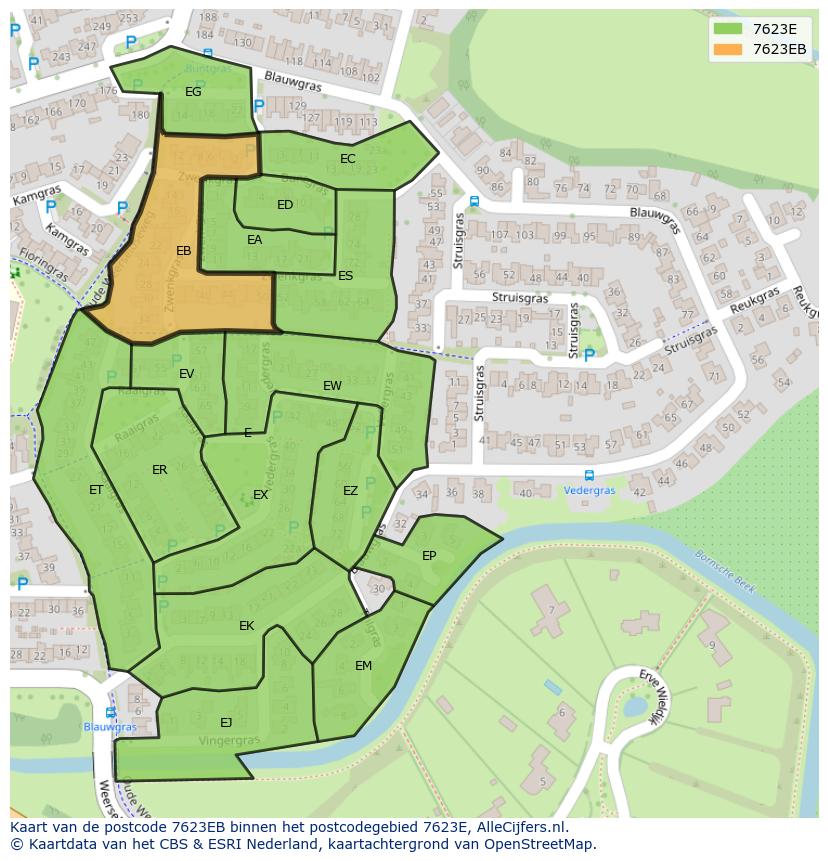 Afbeelding van het postcodegebied 7623 EB op de kaart.