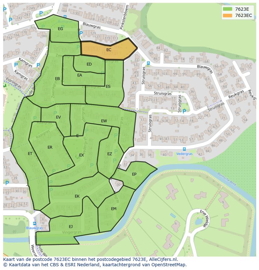 Afbeelding van het postcodegebied 7623 EC op de kaart.
