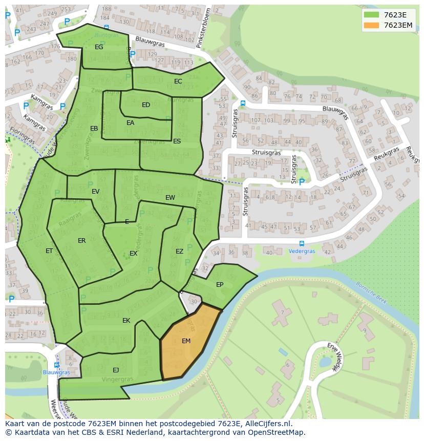 Afbeelding van het postcodegebied 7623 EM op de kaart.
