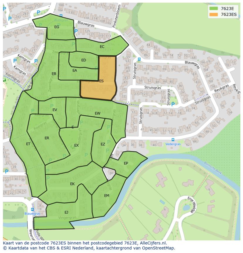 Afbeelding van het postcodegebied 7623 ES op de kaart.