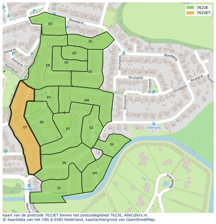 Afbeelding van het postcodegebied 7623 ET op de kaart.