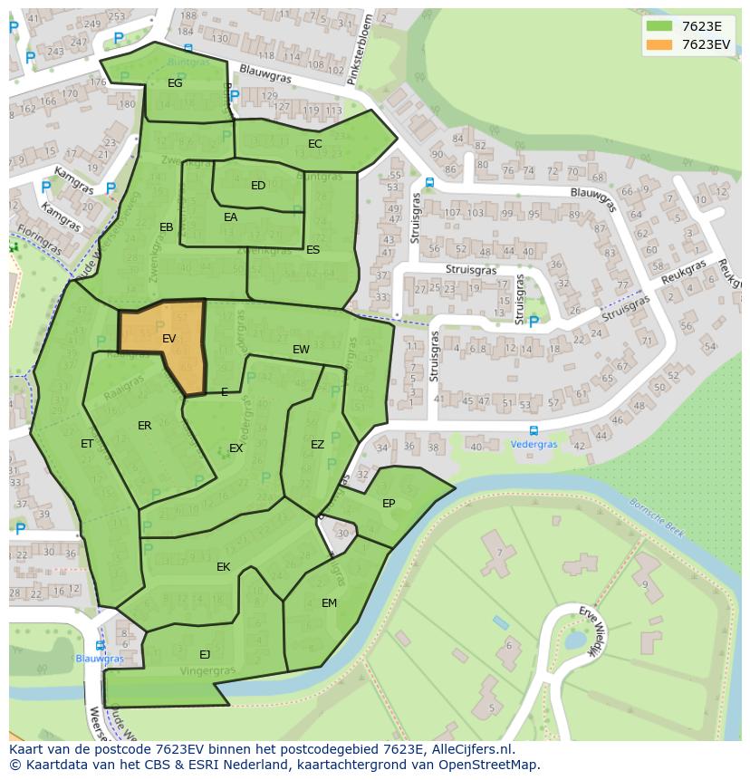 Afbeelding van het postcodegebied 7623 EV op de kaart.