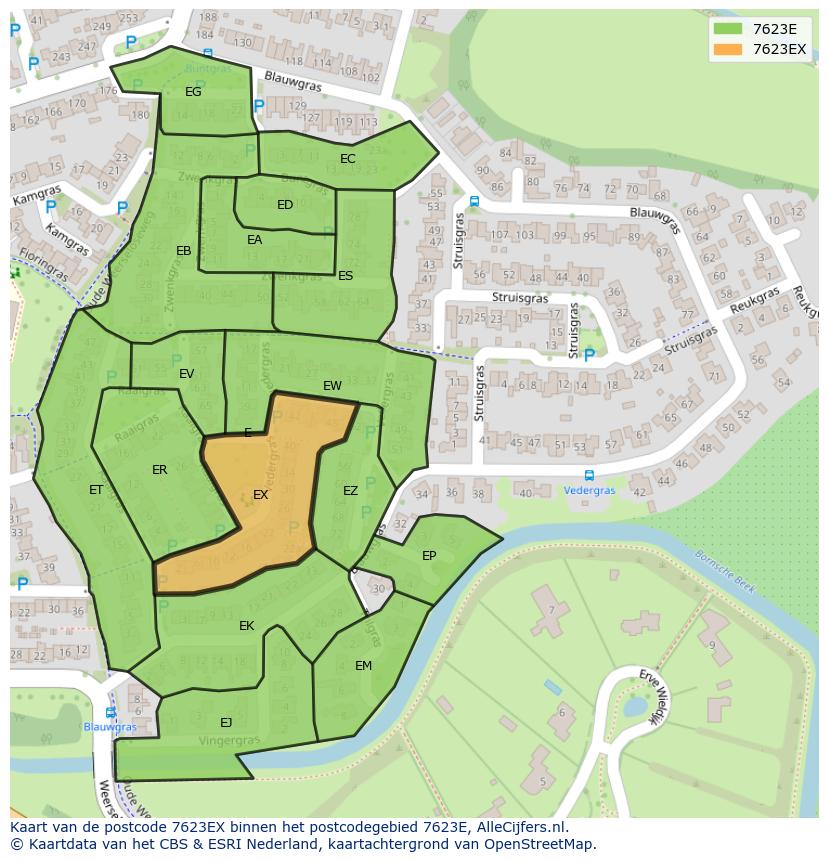 Afbeelding van het postcodegebied 7623 EX op de kaart.