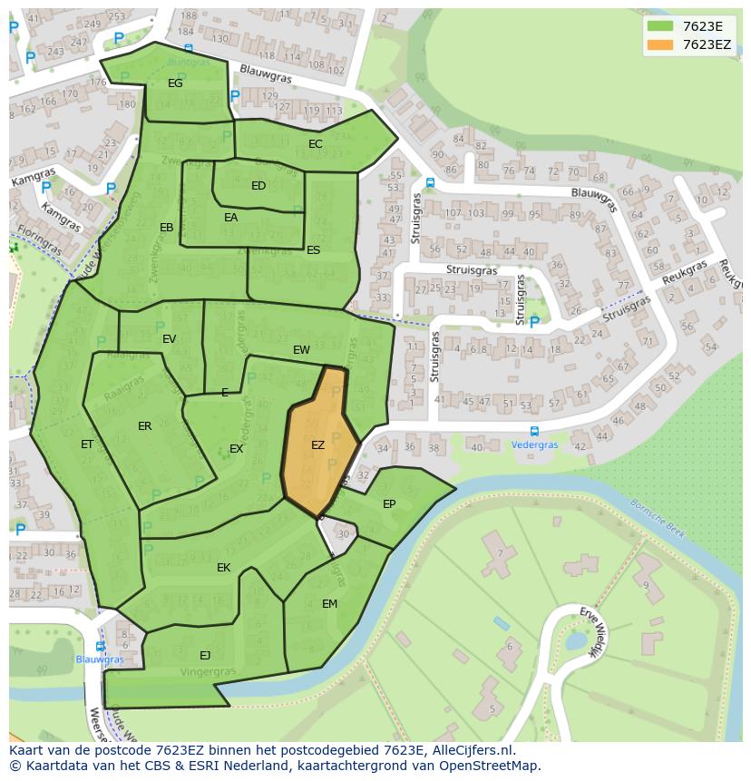 Afbeelding van het postcodegebied 7623 EZ op de kaart.