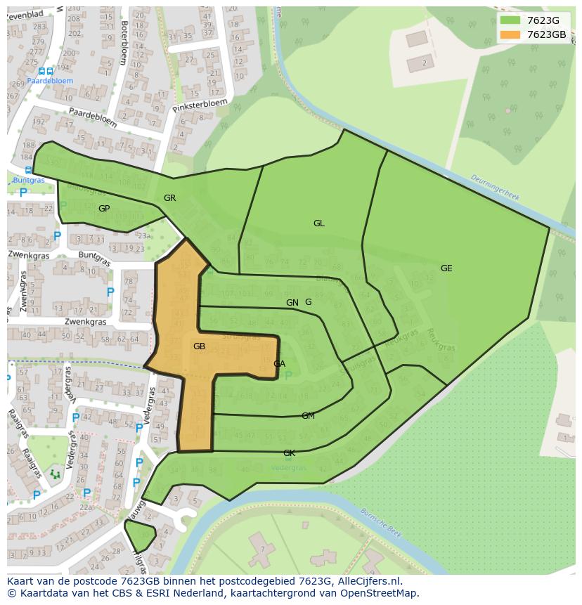 Afbeelding van het postcodegebied 7623 GB op de kaart.