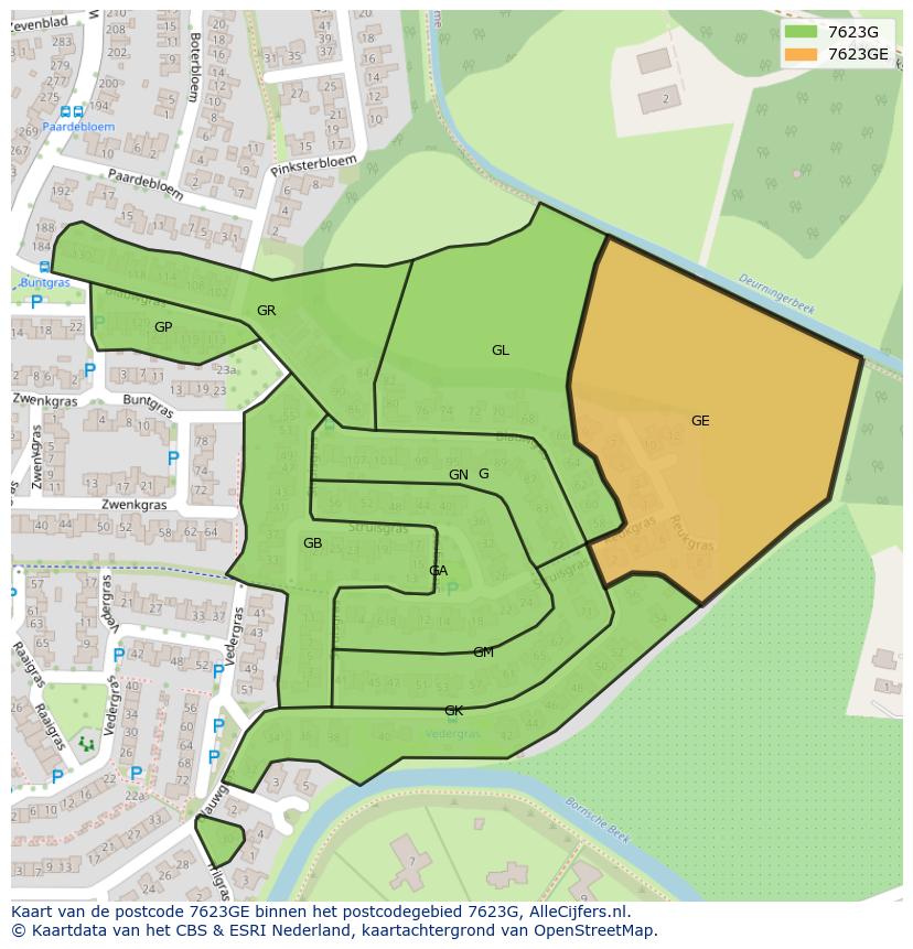 Afbeelding van het postcodegebied 7623 GE op de kaart.