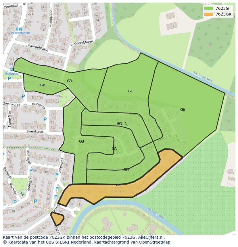 Afbeelding van het postcodegebied 7623 GK op de kaart.