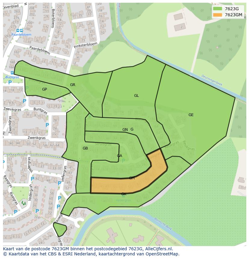 Afbeelding van het postcodegebied 7623 GM op de kaart.