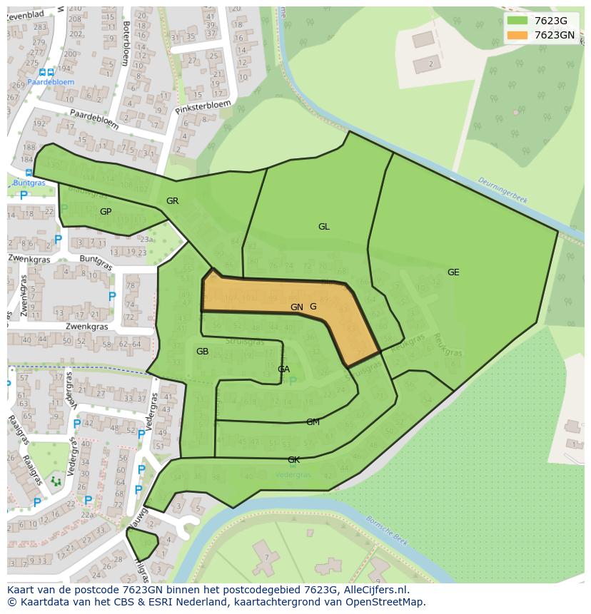 Afbeelding van het postcodegebied 7623 GN op de kaart.
