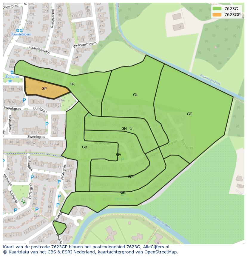 Afbeelding van het postcodegebied 7623 GP op de kaart.