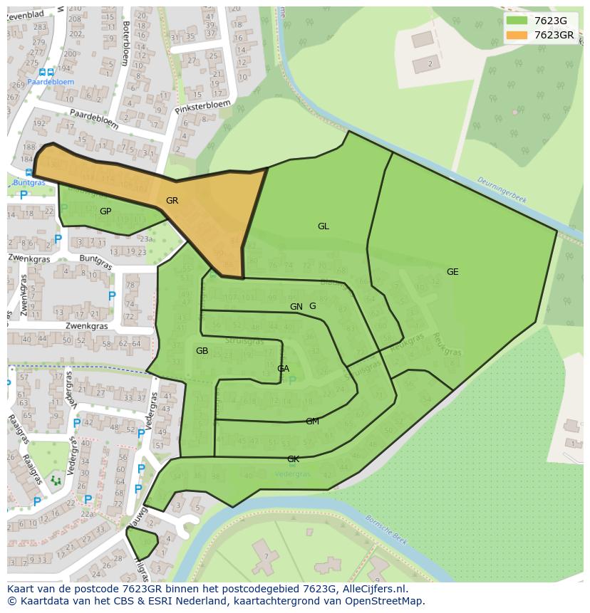 Afbeelding van het postcodegebied 7623 GR op de kaart.