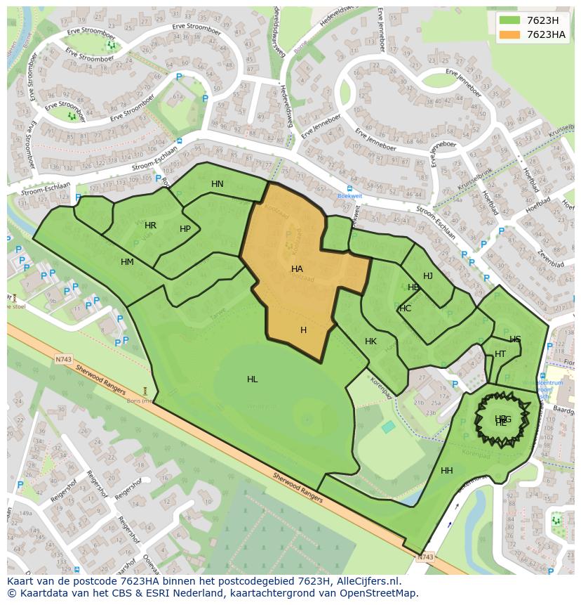 Afbeelding van het postcodegebied 7623 HA op de kaart.