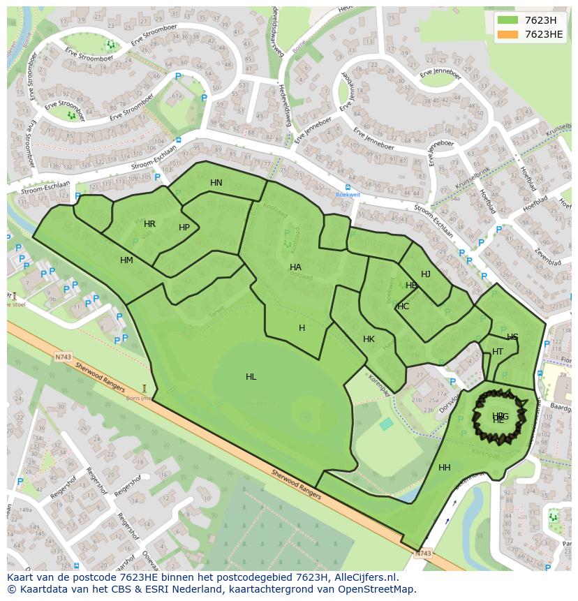 Afbeelding van het postcodegebied 7623 HE op de kaart.