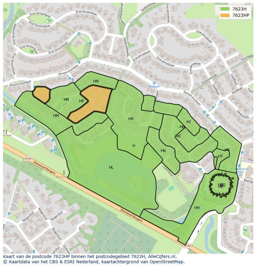 Afbeelding van het postcodegebied 7623 HP op de kaart.