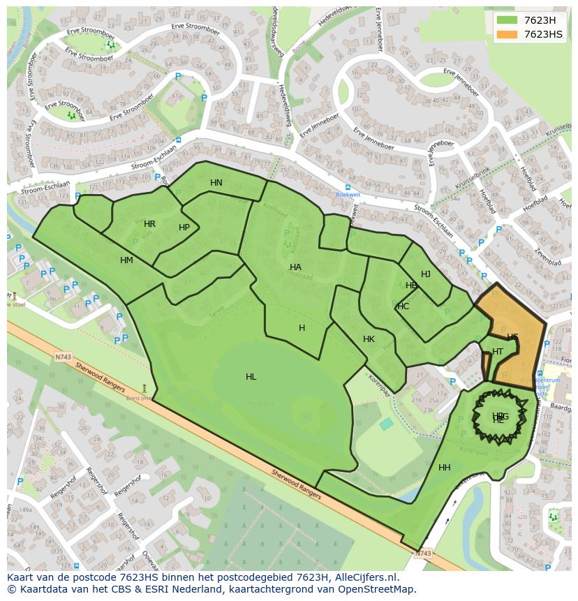 Afbeelding van het postcodegebied 7623 HS op de kaart.