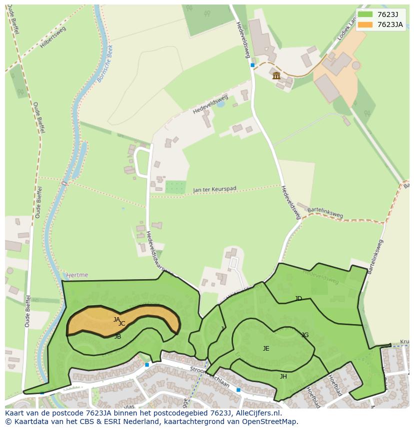 Afbeelding van het postcodegebied 7623 JA op de kaart.