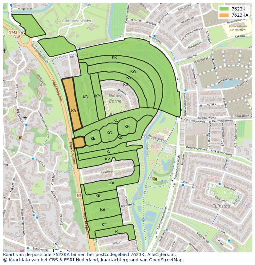 Afbeelding van het postcodegebied 7623 KA op de kaart.