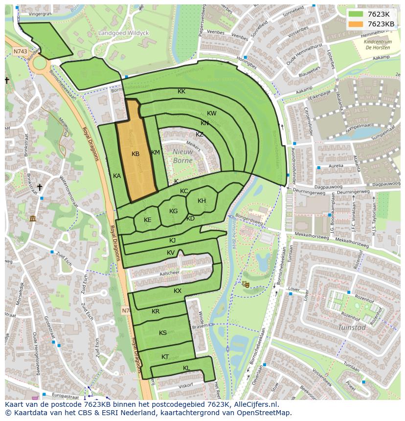 Afbeelding van het postcodegebied 7623 KB op de kaart.