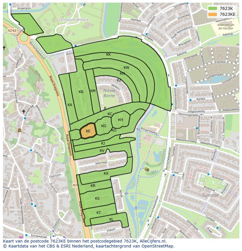 Afbeelding van het postcodegebied 7623 KE op de kaart.