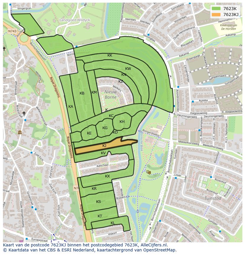 Afbeelding van het postcodegebied 7623 KJ op de kaart.