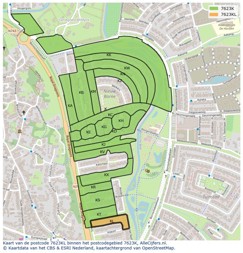Afbeelding van het postcodegebied 7623 KL op de kaart.
