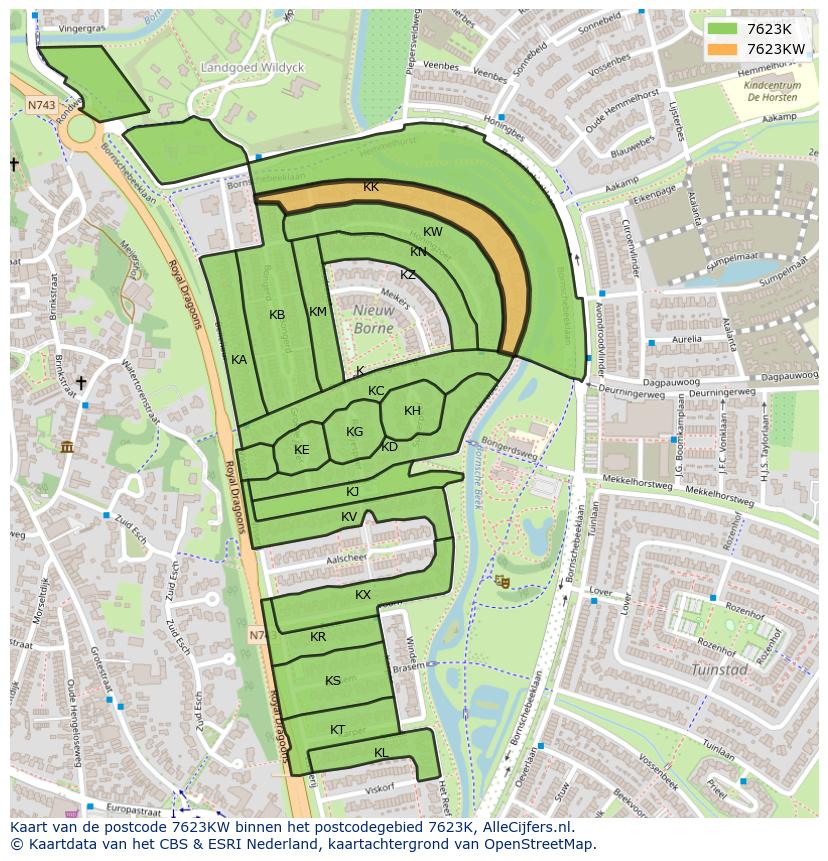 Afbeelding van het postcodegebied 7623 KW op de kaart.