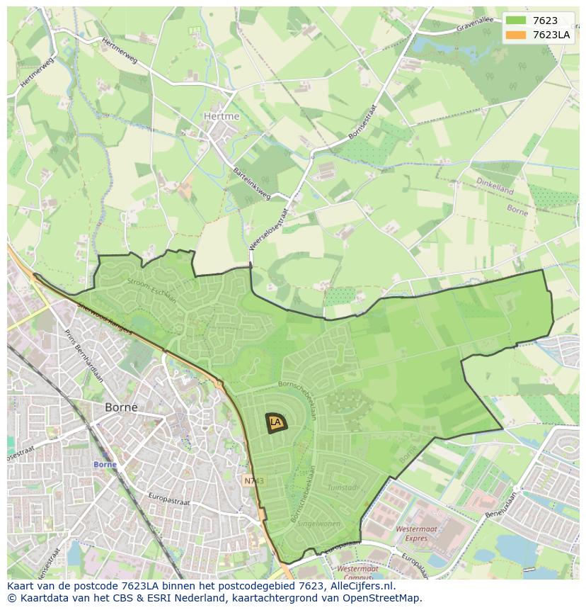 Afbeelding van het postcodegebied 7623 LA op de kaart.
