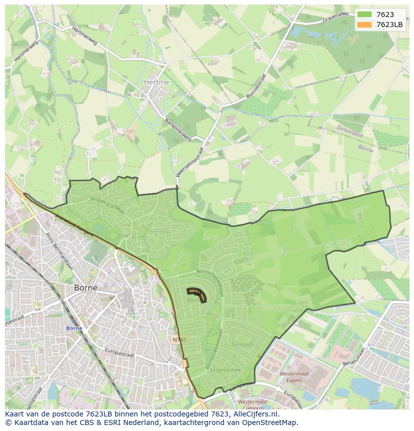 Afbeelding van het postcodegebied 7623 LB op de kaart.