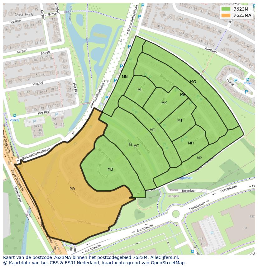 Afbeelding van het postcodegebied 7623 MA op de kaart.