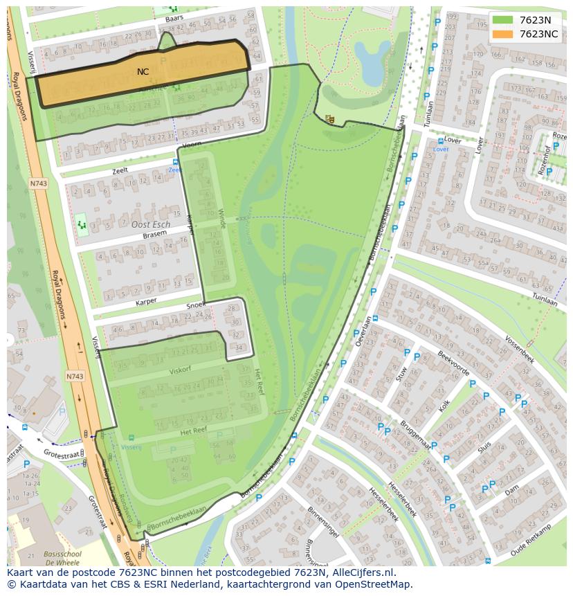 Afbeelding van het postcodegebied 7623 NC op de kaart.