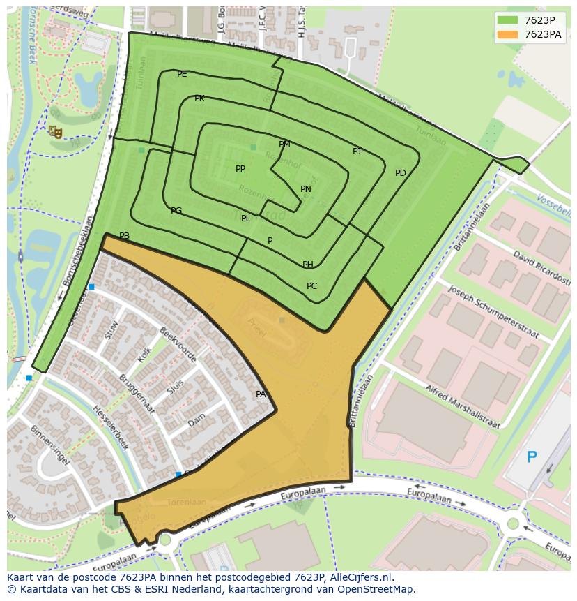 Afbeelding van het postcodegebied 7623 PA op de kaart.