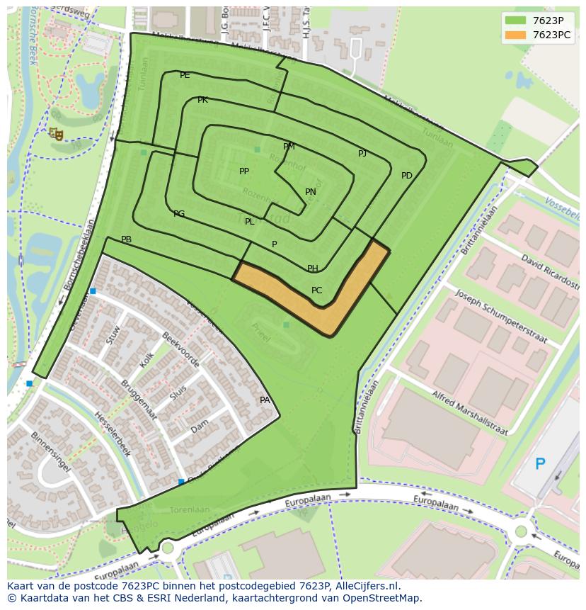 Afbeelding van het postcodegebied 7623 PC op de kaart.