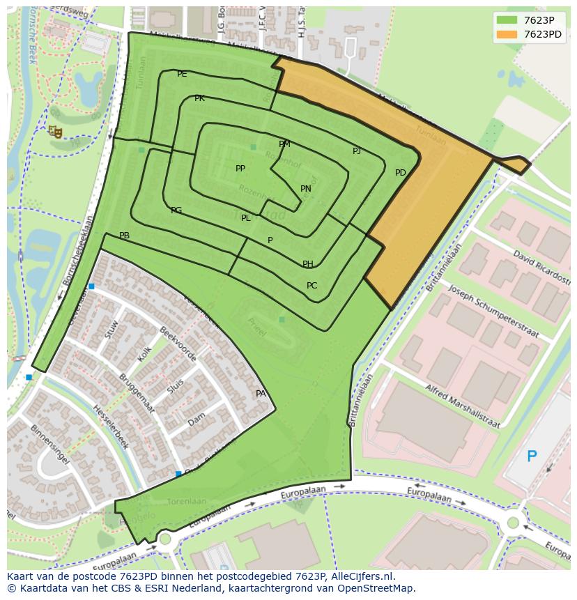 Afbeelding van het postcodegebied 7623 PD op de kaart.