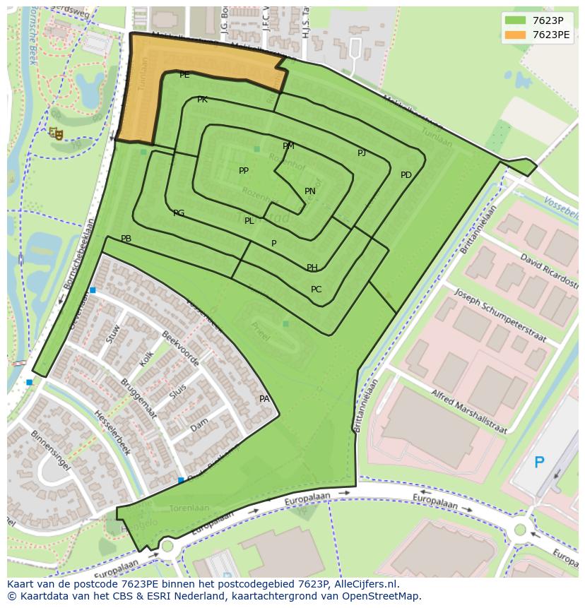 Afbeelding van het postcodegebied 7623 PE op de kaart.