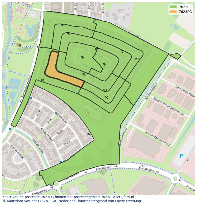 Afbeelding van het postcodegebied 7623 PG op de kaart.