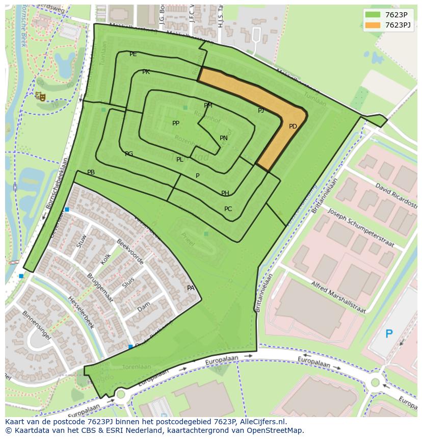 Afbeelding van het postcodegebied 7623 PJ op de kaart.