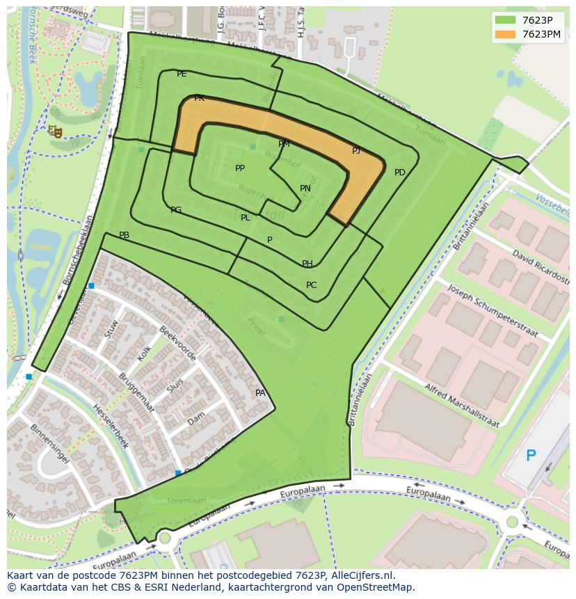 Afbeelding van het postcodegebied 7623 PM op de kaart.