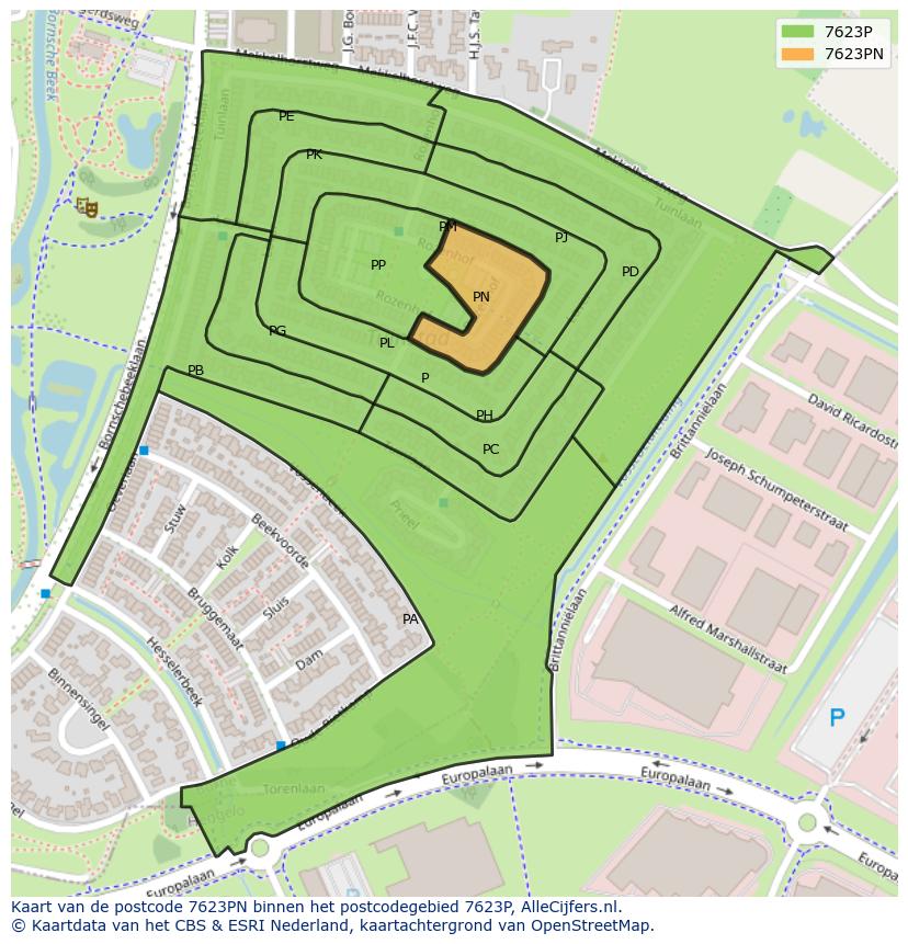 Afbeelding van het postcodegebied 7623 PN op de kaart.