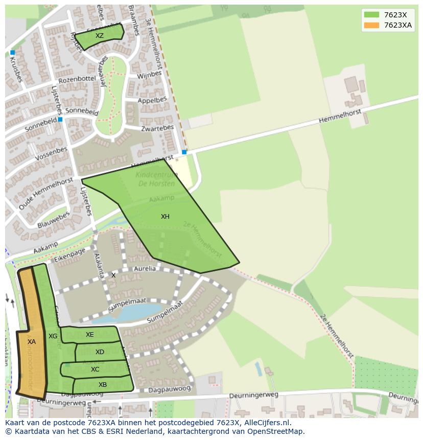 Afbeelding van het postcodegebied 7623 XA op de kaart.