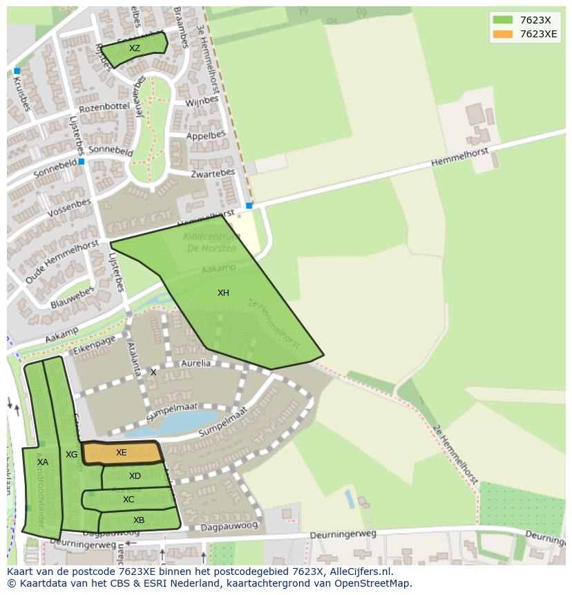 Afbeelding van het postcodegebied 7623 XE op de kaart.