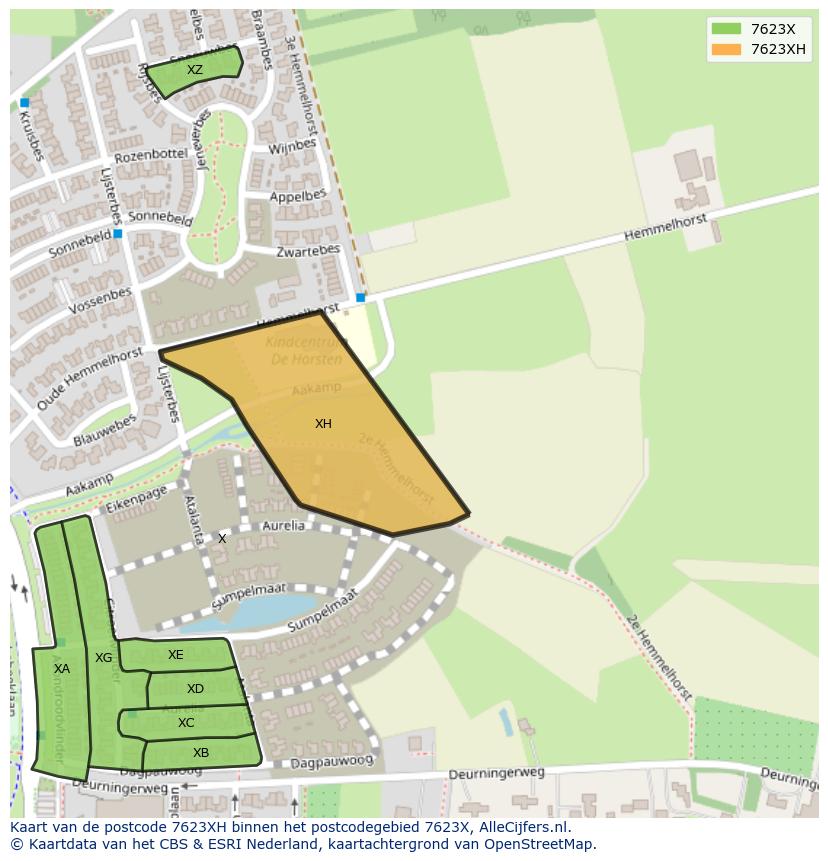 Afbeelding van het postcodegebied 7623 XH op de kaart.