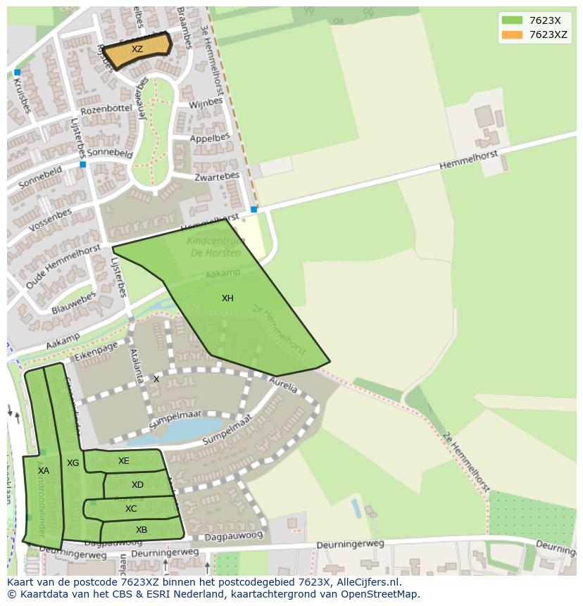 Afbeelding van het postcodegebied 7623 XZ op de kaart.